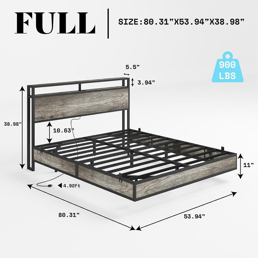 AMERLIFE Full Size Floating Bed Frame with 2-Tier Storage Headboard, Metal Bed Frame with Charging Station & LED Lights, No Box Spring Needed, Rustic Grey