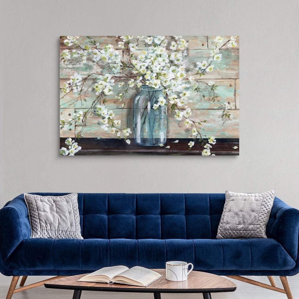 CANVAS ON DEMAND Blossoms in Mason Jar Canvas Wall Art Print by Tre Sorelle Studios, Home Decor, Spring Artwork, 60'x40' Floral Artwork, 60'x40'