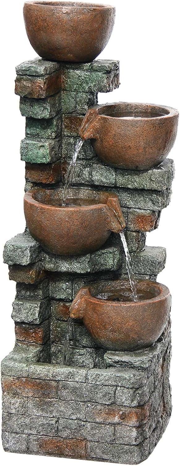39.37''H Outdoor Water Garden Fountain 5-Tiers Cascading Bowl and Stacked Stones Waterfall Water Feature Indoor Bowl Planter Water Fountain Decor with LED Lights for Garden Patio Porch Backyard