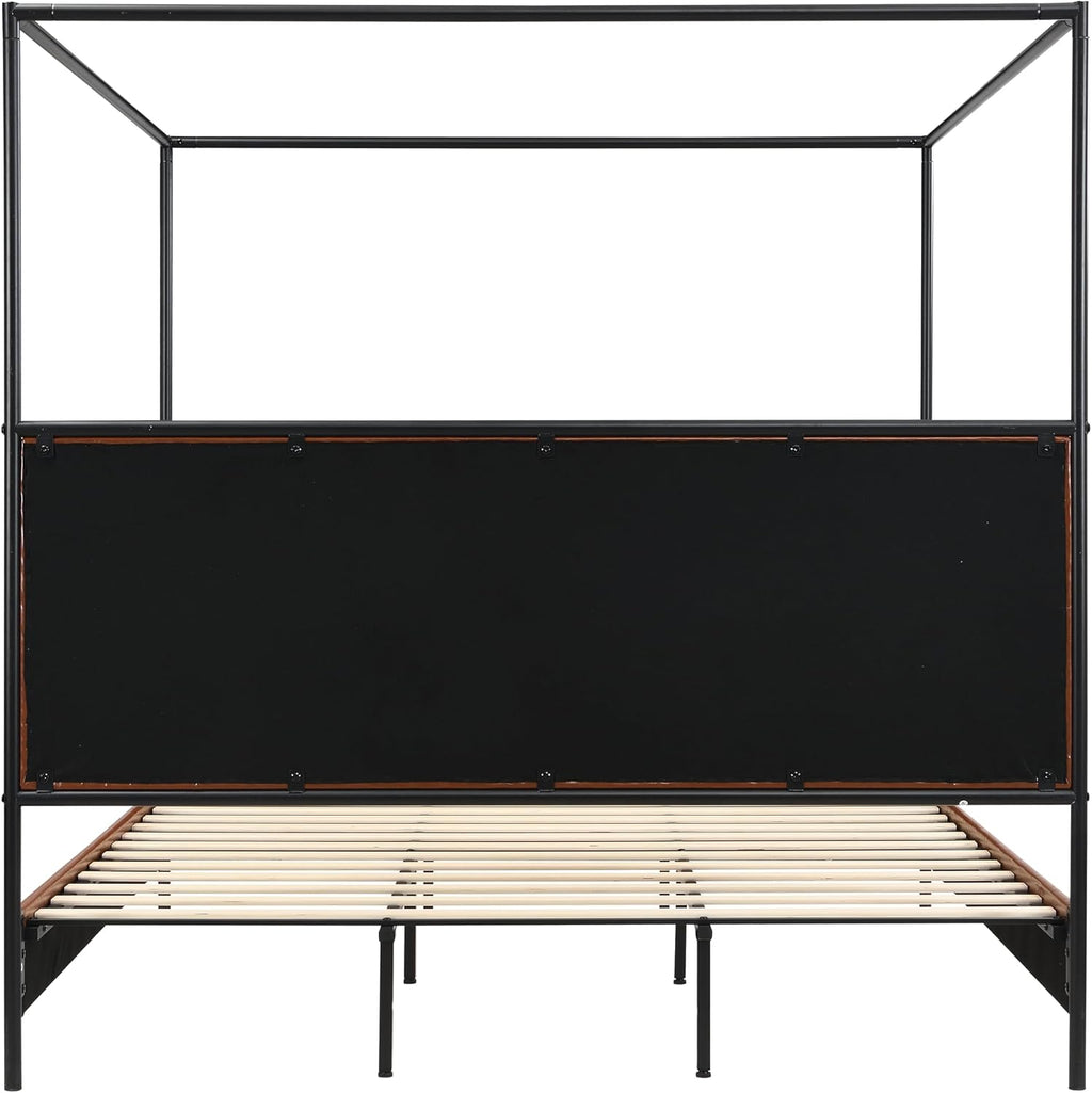 King Size Canopy Bed Frame with Tall Upholstered Headboard and Iron Legs, No Box Spring Needed (Brown+Black, King)