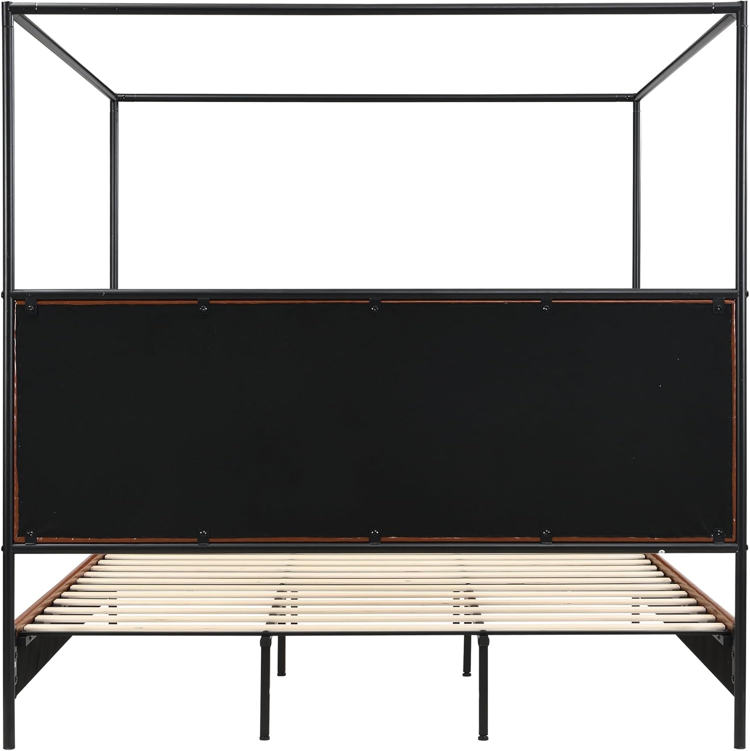 King Size Canopy Bed Frame with Tall Upholstered Headboard and Iron Legs, No Box Spring Needed (Brown+Black, King)