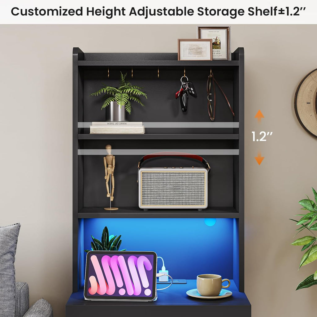 VIAGDO Tall Nightstand Set of 2 with Charging Station and LED Lights, Black Night Stand Set 2 with Bookshelf, Modern LED Bedside Tables with 3 Drawers and Storage Shelves, Side Tables for Bedrooms