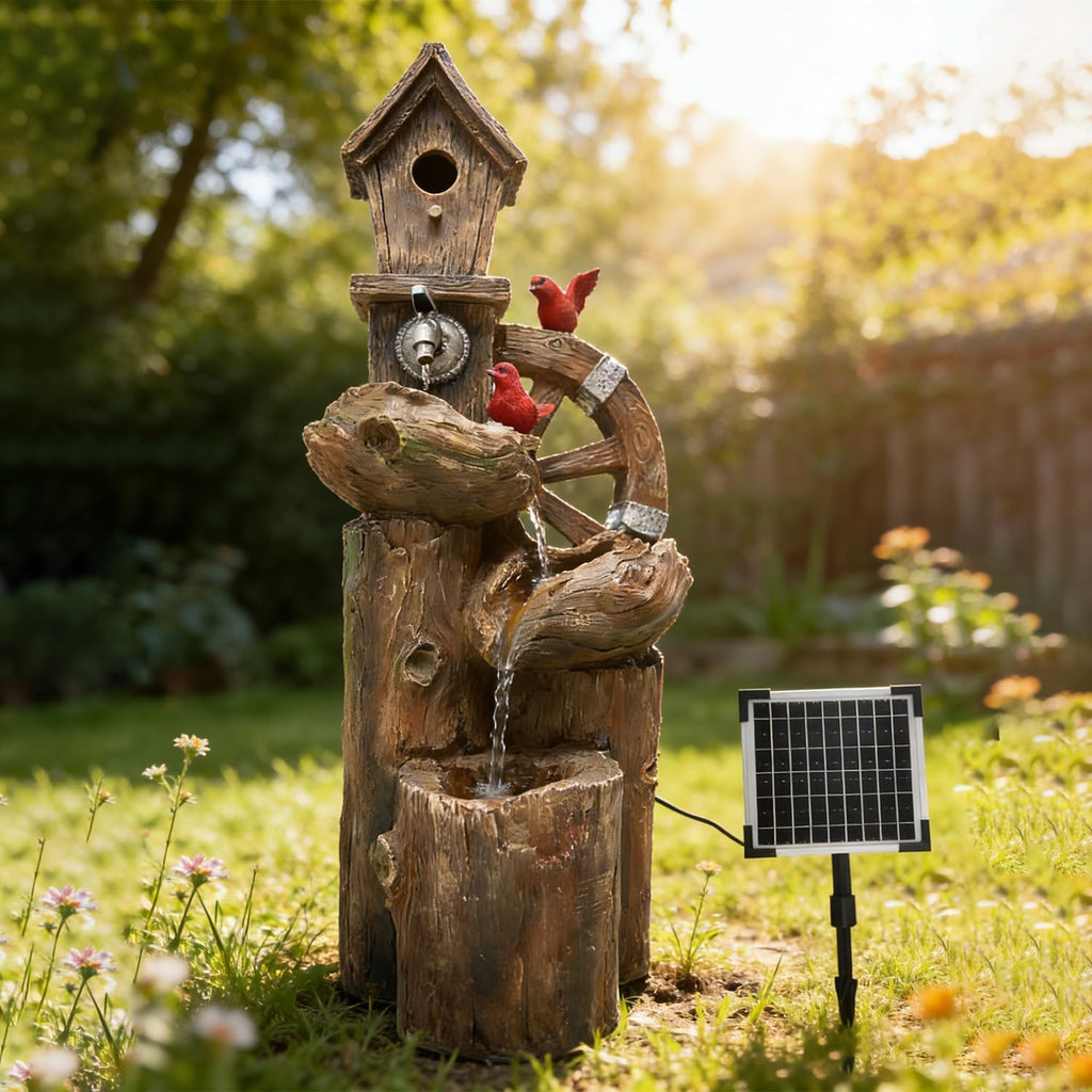 3-Tier Bird Fountain with LED Light - Solar & Adapter Dual Power Option, 38.2 Inch Outdoor Water Feature for Garden & Yard