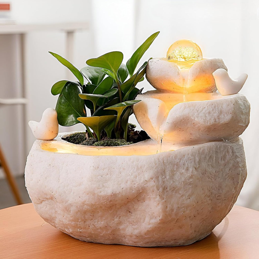 11.42' Indoor Tabletop Fountain with 3-Tier Flow, RGB LED Lights, Decorative Bubble Ball, Mist Maker & 10 Natural Crystals – Zen Resin Waterfall for Home Office Decor & Meditation (White)