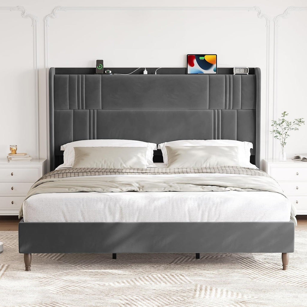 King Size Bed Frame and Tall Headboard, 52' Upholstered Platform Bed Frame with Charging Station, Luxury Velvet Bed Frames/Curved Wingback Headboard, No Box Spring Needed, Easy Assembly, Dark Grey