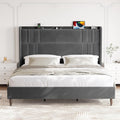 King Size Bed Frame and Tall Headboard, 52' Upholstered Platform Bed Frame with Charging Station, Luxury Velvet Bed Frames/Curved Wingback Headboard, No Box Spring Needed, Easy Assembly, Dark Grey