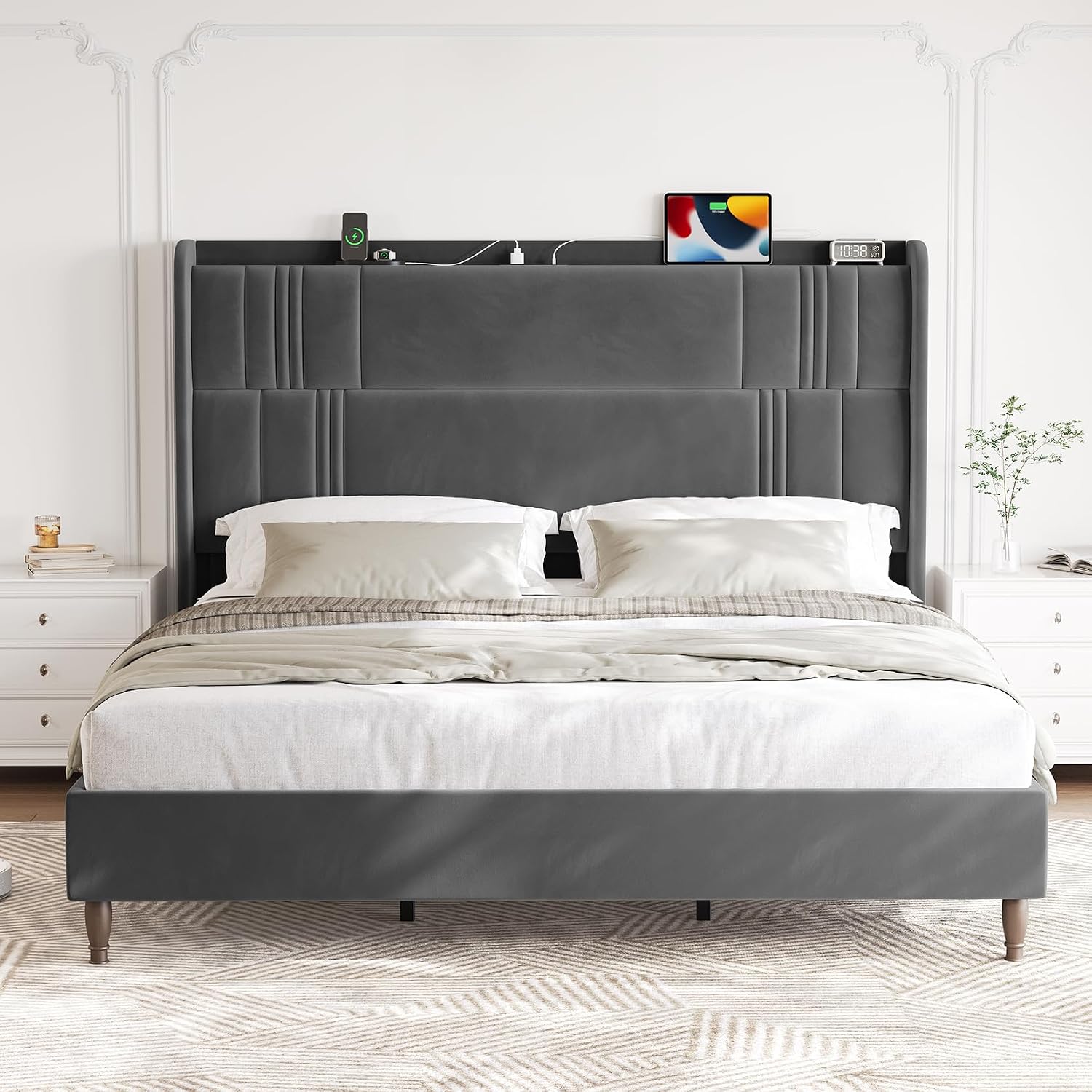 King Size Bed Frame and Tall Headboard, 52' Upholstered Platform Bed Frame with Charging Station, Luxury Velvet Bed Frames/Curved Wingback Headboard, No Box Spring Needed, Easy Assembly, Dark Grey