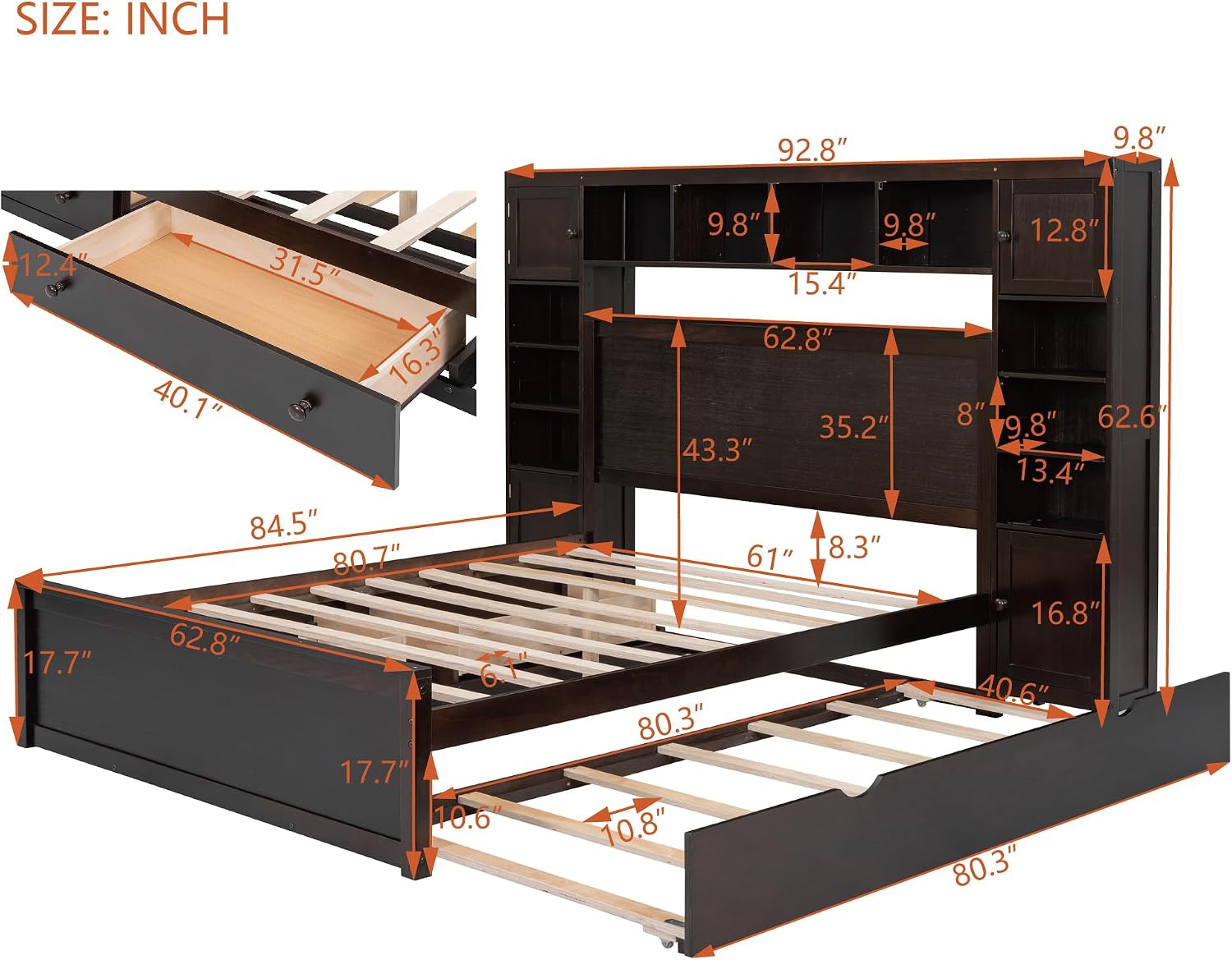 Queen Platform Bed with All-in-One Cabinet, Shelf and Sockets, Wood Queen Beds with 2 Storage Drawers and Trundle, Queen Size Bed Frame for Bed Room, No Box Spring Needed,Espresso