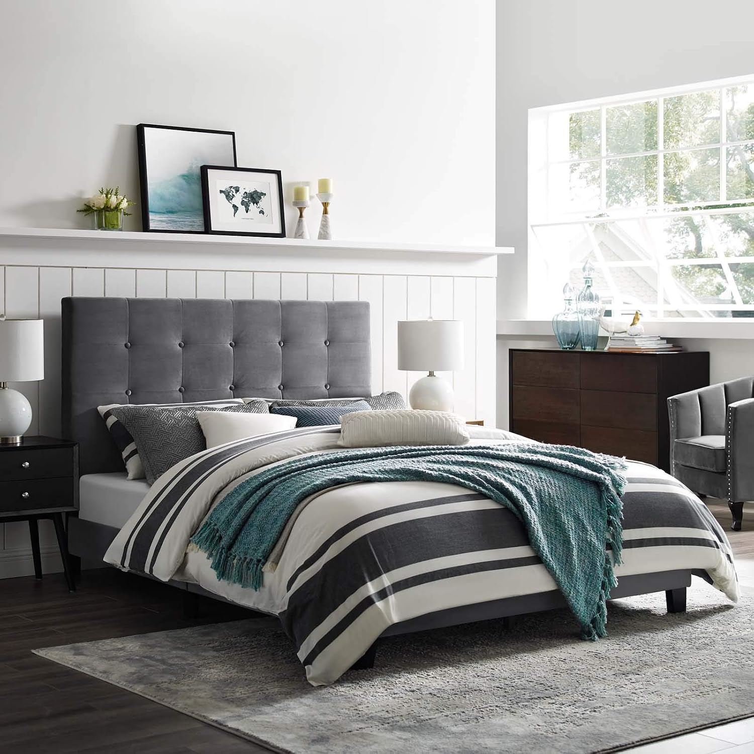 Modway Melanie Performance Velvet Upholstered Tufted King Platform Bed in Gray