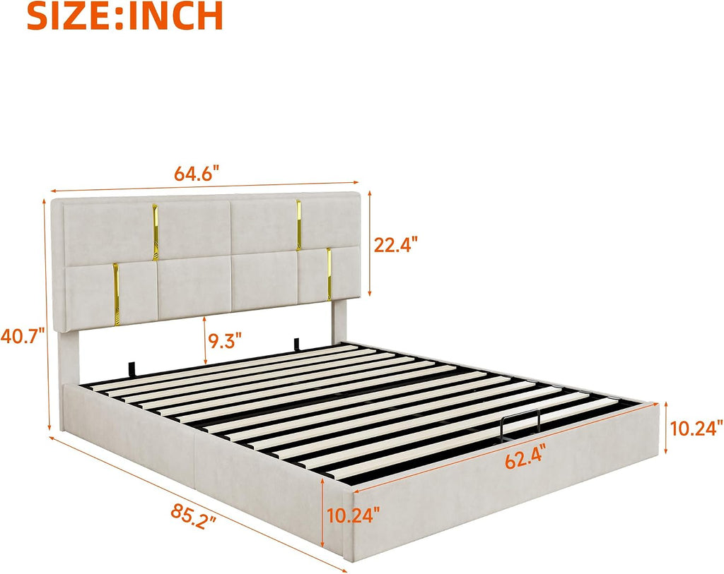 JIVOIT Elegant Design 2-Pieces Bedroom Sets, Queen Size Upholstered Platform Bed with Hydraulic Storage System, Upholstered Storage Ottoman with Metal Legs, Space Saving Design (Beige,Sets,5)