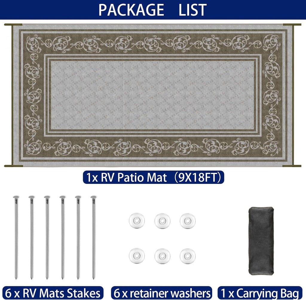 EEZ RV Products 9ft x 18ft Heavy Duty Reversible/Durable Outdoor Patio/RVing Camping Mats Come with Large Storage Bag & 6 Sets of Stakes and Washer, Vine Brown