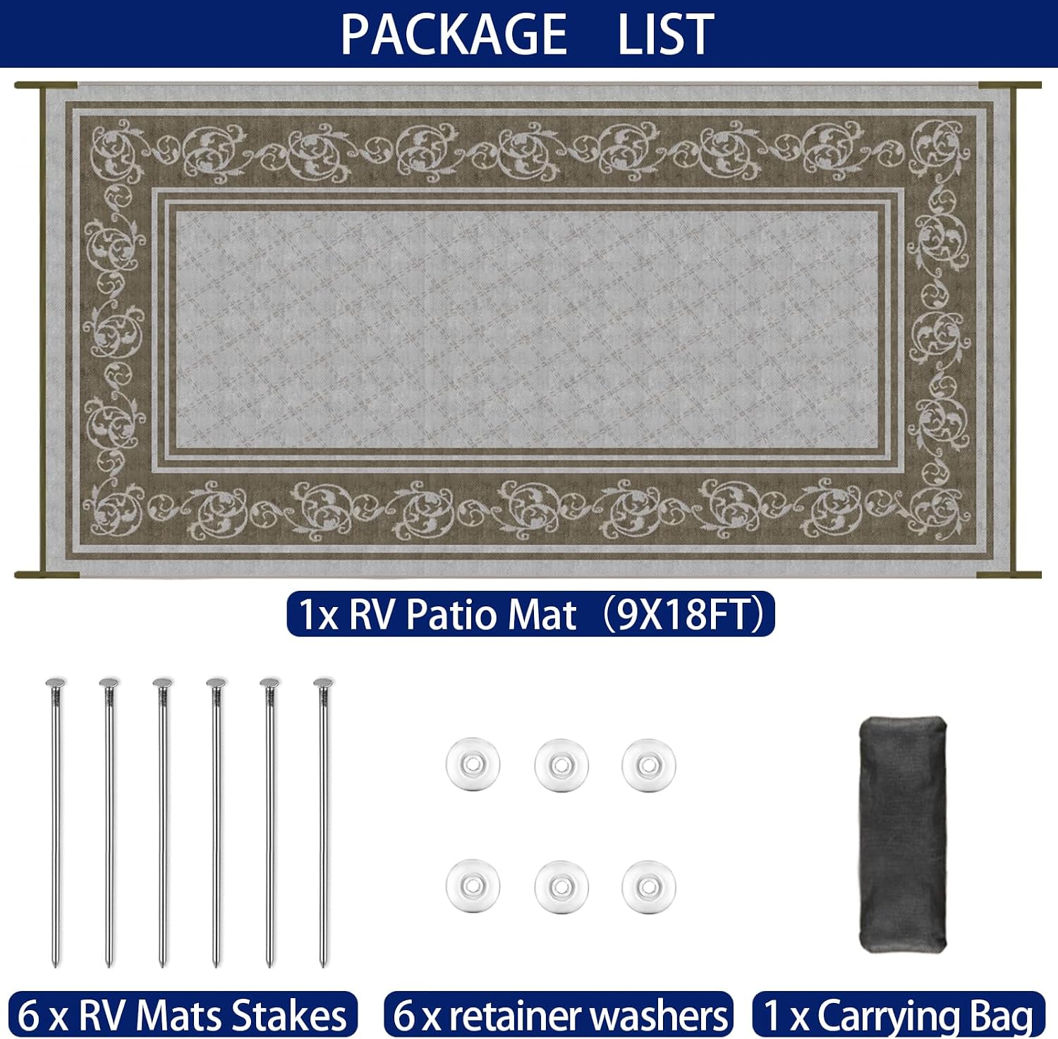 EEZ RV Products 9ft x 18ft Heavy Duty Reversible/Durable Outdoor Patio/RVing Camping Mats Come with Large Storage Bag & 6 Sets of Stakes and Washer, Vine Brown
