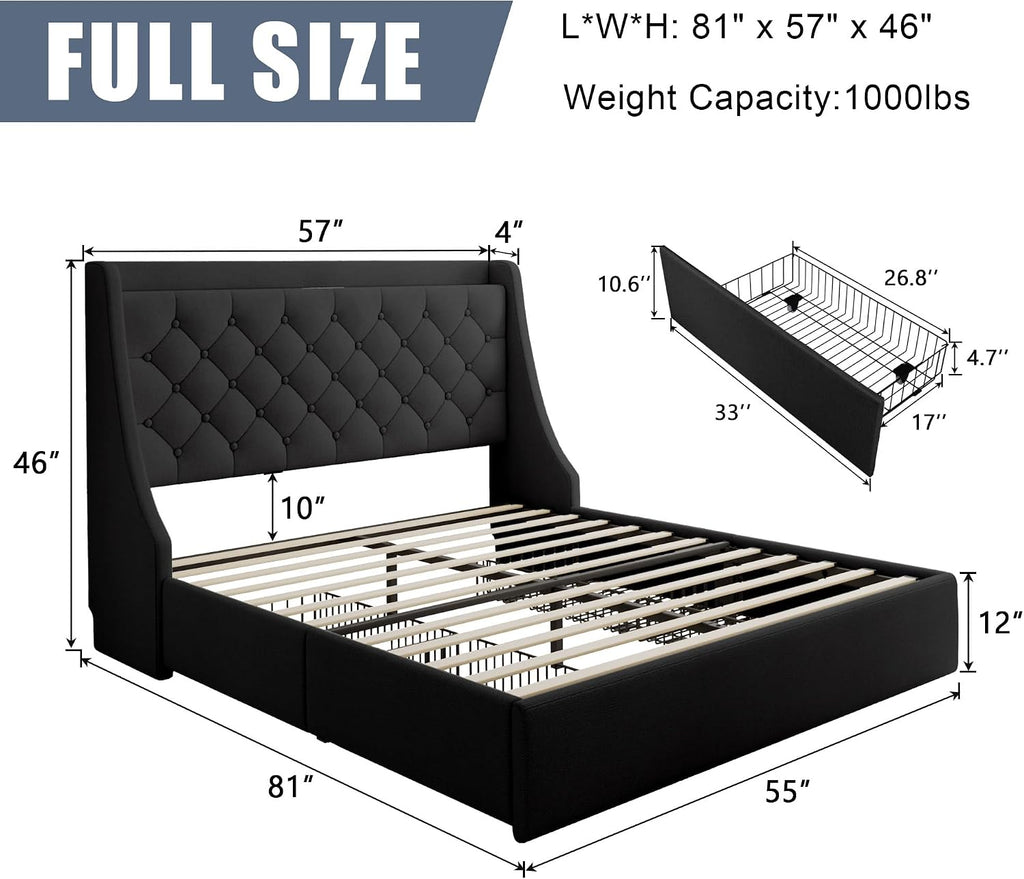Full Size Bed Frame with 4 Storage Drawers & Charging Headboard, Linen Button Tufted Upholstered Platform Bedframe/w Wingback, Sturdy Wooden Support Slats, No Box Spring Needed, Black