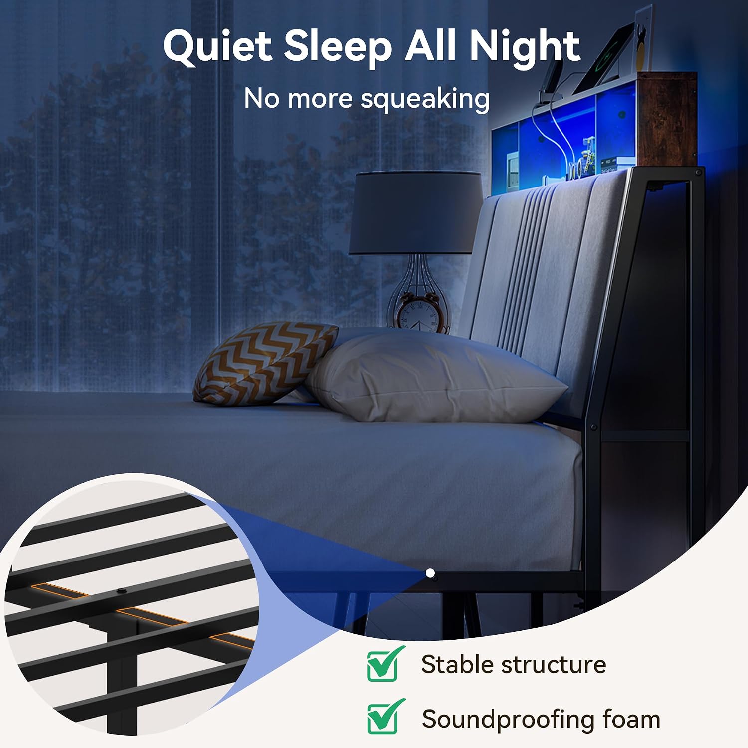 BedsPick Full Size Bed Frame with Ergonomic Headboard, Upholstered Metal Platform Bed Full with 2-Tier Storage, Charging Station, Smart LED Lights, Easy Assembly, No Box Spring Needed, Gray