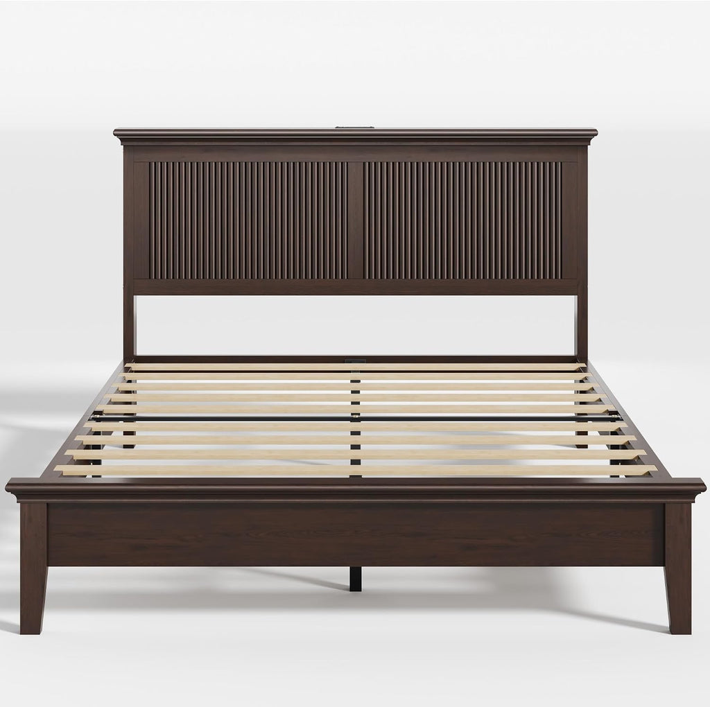 Lifezone Wood Queen Bed, Solid Wood Bed With Tall Headboard, American Vintage Design, Queen Bed With Charging Station & RGB LED, Wood Slats Support, Noise-Free, Sturdy Structure, Easy Assembly, Walnut