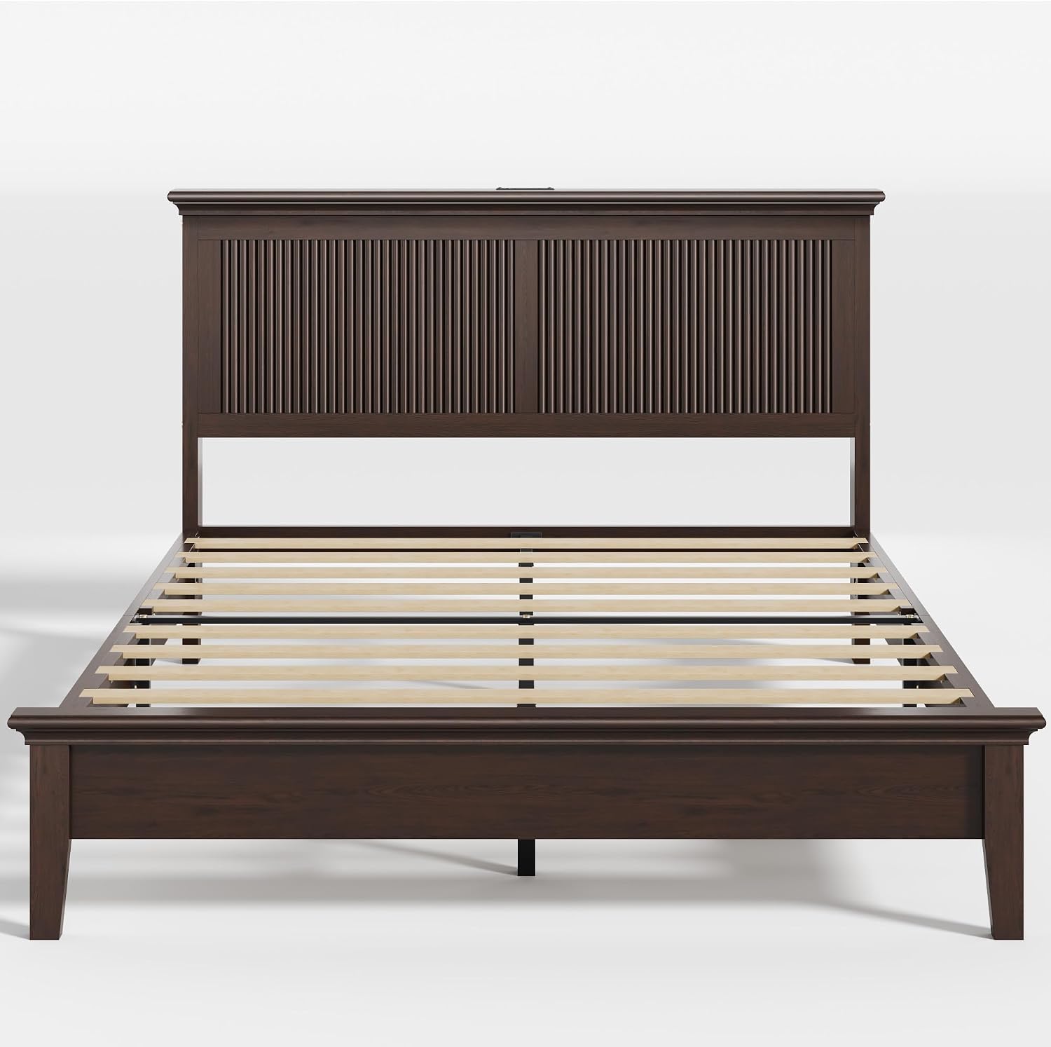 Lifezone Wood Queen Bed, Solid Wood Bed With Tall Headboard, American Vintage Design, Queen Bed With Charging Station & RGB LED, Wood Slats Support, Noise-Free, Sturdy Structure, Easy Assembly, Walnut