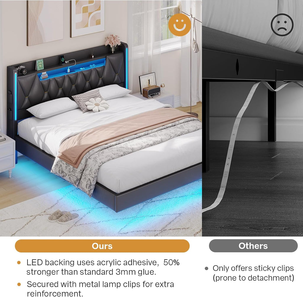 Dnxao King Size Floating Bed Frame with Storage Headboard, Tall 44' Upholstered Platform Bed with Charging Station, Dual-Zone LED Lights, No Box Spring Needed, PU Black