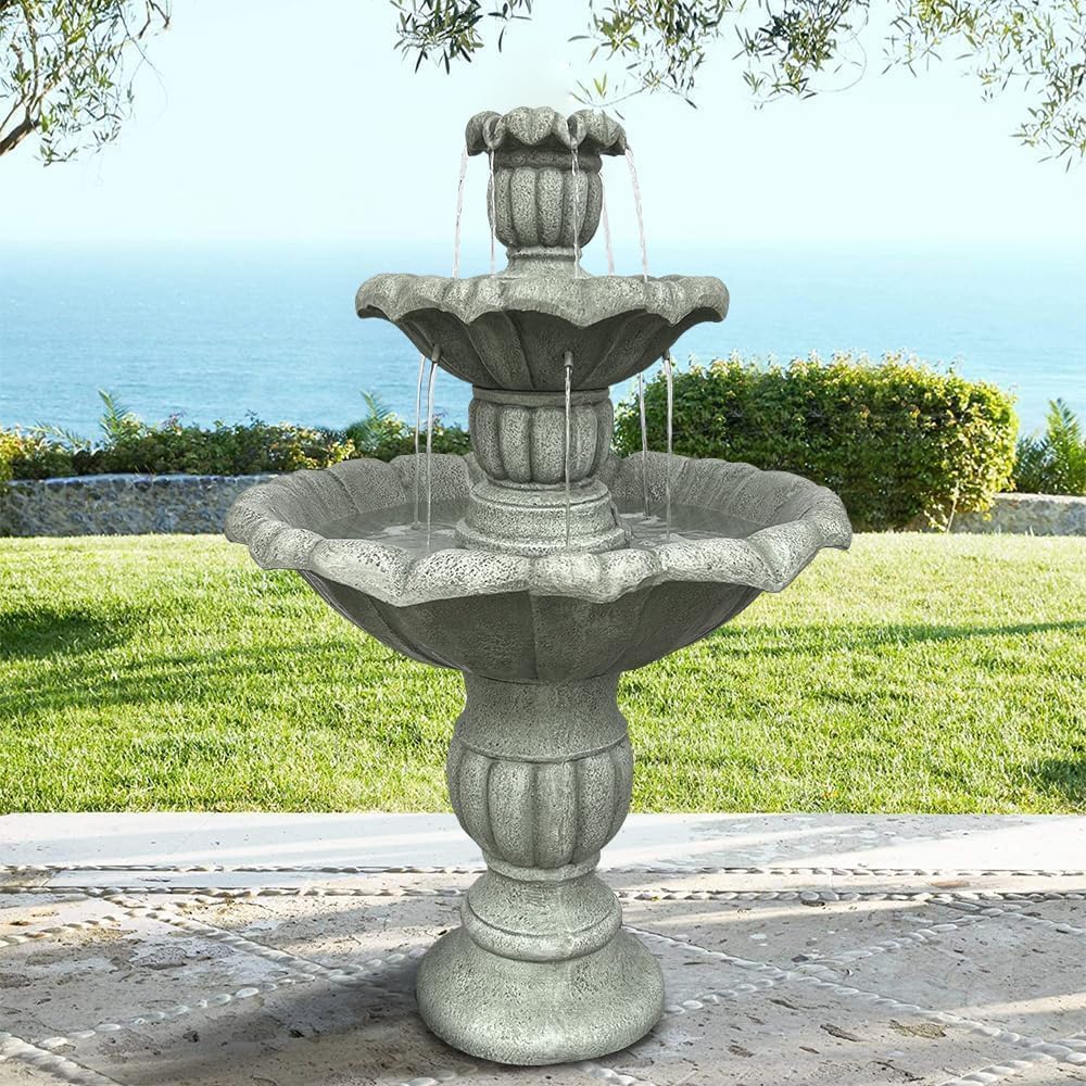 39.3' H Outdoor Floor Water Fountain, 3-Tiers Concrete Water Fountain with Submersible Electric Pump - Garden Cascading Waterfall for Yard Patio Lawn Home Decor