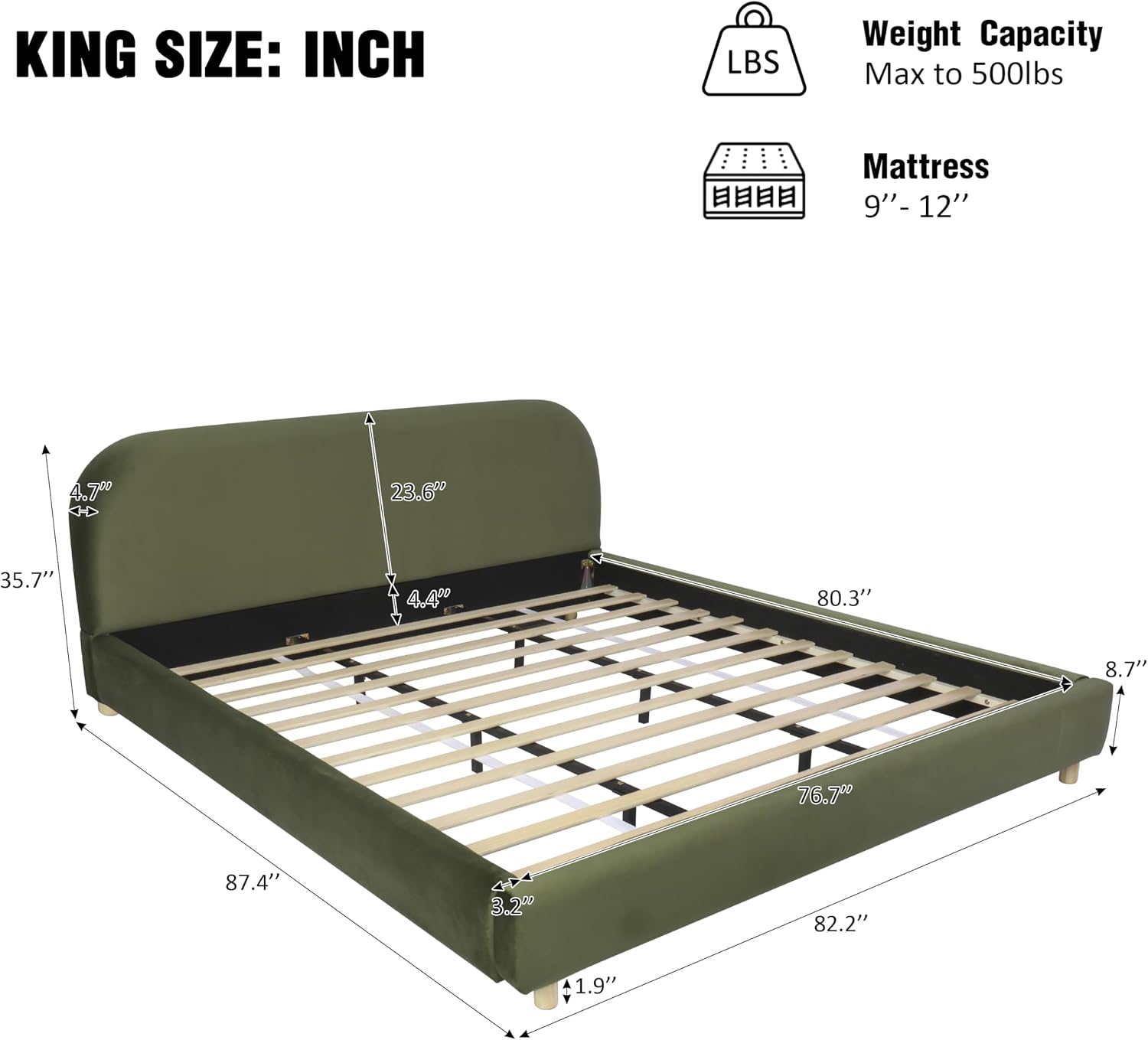 King Size Platform Bed with Curve-Shaped Design Headboard, Velvet Fabric Upholstered Platform Bed with Strong Support, Modern Bed Frame, No Box Spring Needed, Easy Assembly (Olive Green,King,8)