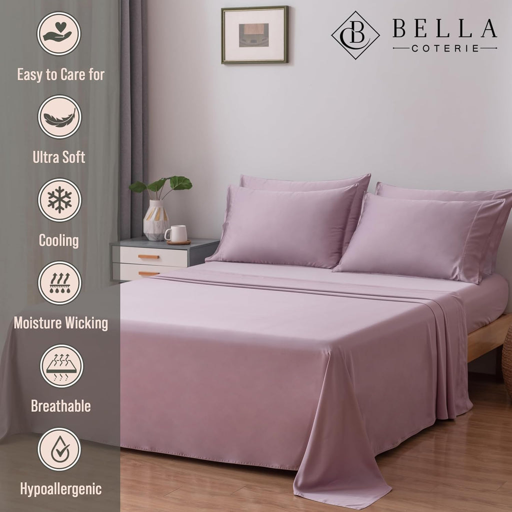 Bella Coterie 6 Piece Luxury Bamboo Viscose King Size Sheet Set | 100% Organically Grown | Cooling for Hot Sleepers | 18' Deep Pocket | Soft & Hypoallergenic | 4 Pillowcases [Lilac]
