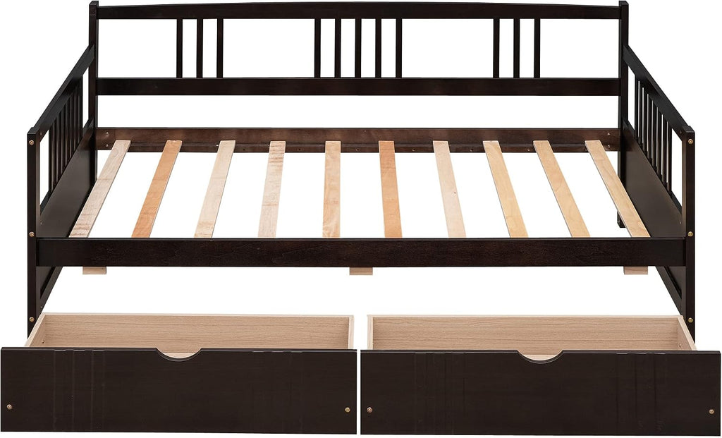 Merax Daybed Bed Wooden Slats Support Modern Living Daybed with Rails (Twin with Drawers, Espresso)
