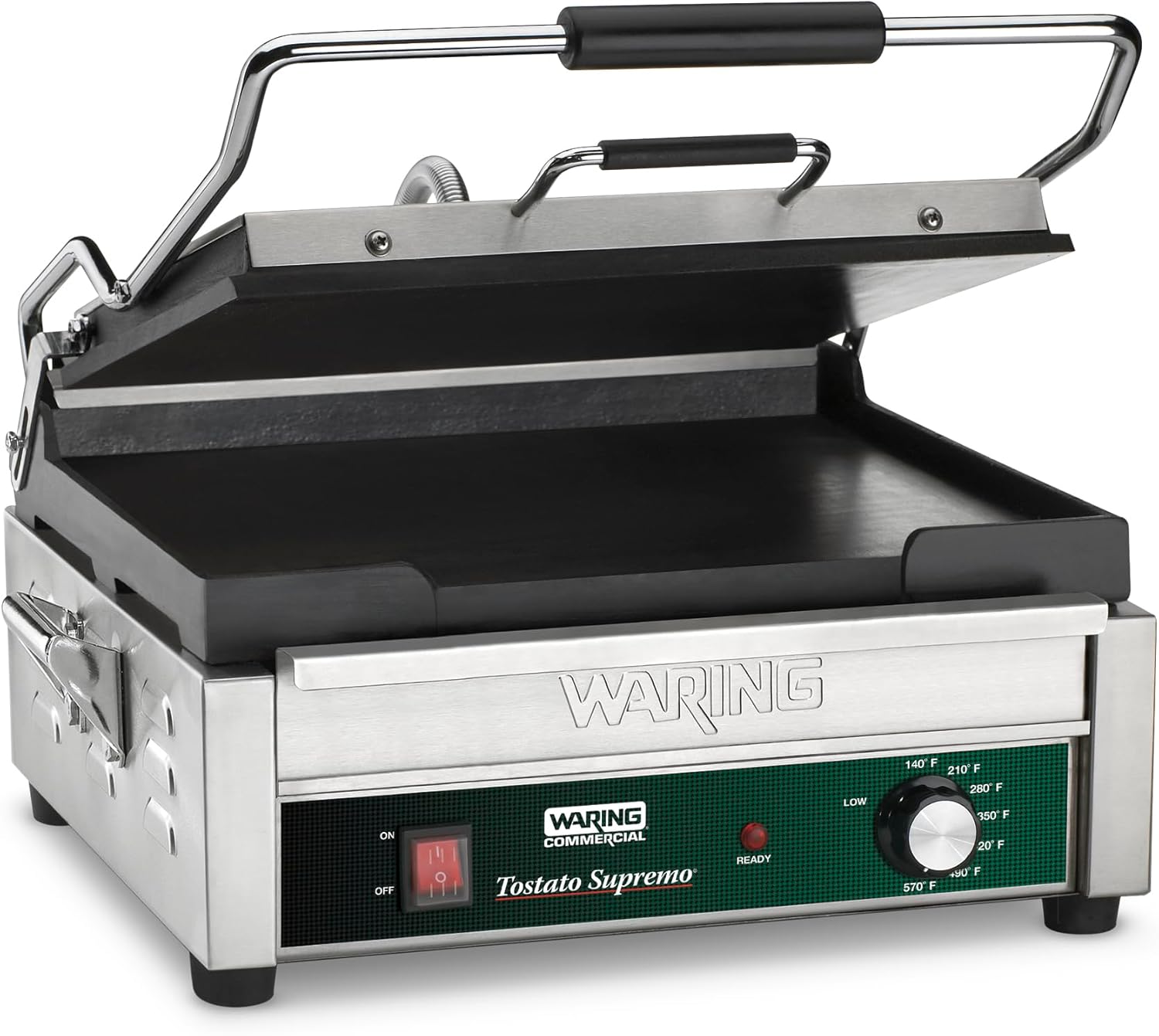 Waring Commercial Panini Press, Flat Cast Iron Plates, 14.5' x 11' Cooking Surface, 570°F Adjustable Thermostat, for Sandwiches up to 3' Thick, Professional Kitchen Grill, 120V, WFG250