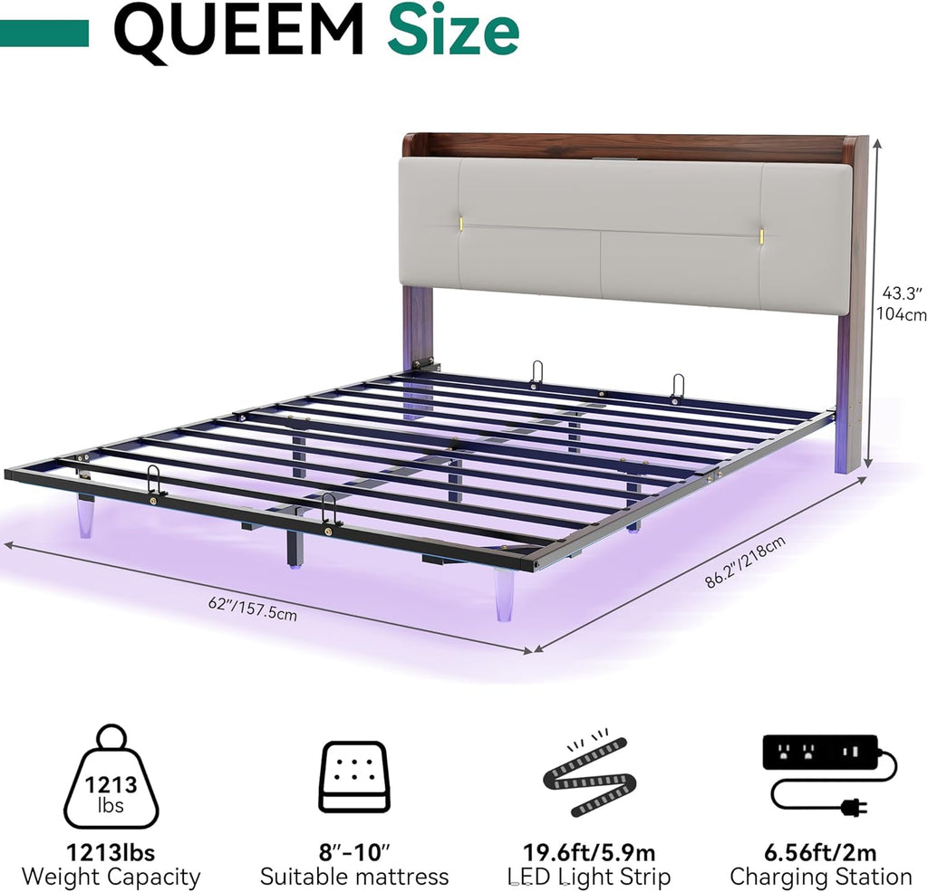 YITAHOME Queen Size Floating Bed Frame with Charging Station, Led Bed Frame with Hidden Storage Headboard, PU Upholstered Platform Bed, Heavy Duty Metal Slats, No Box Spring Needed, Light Grey