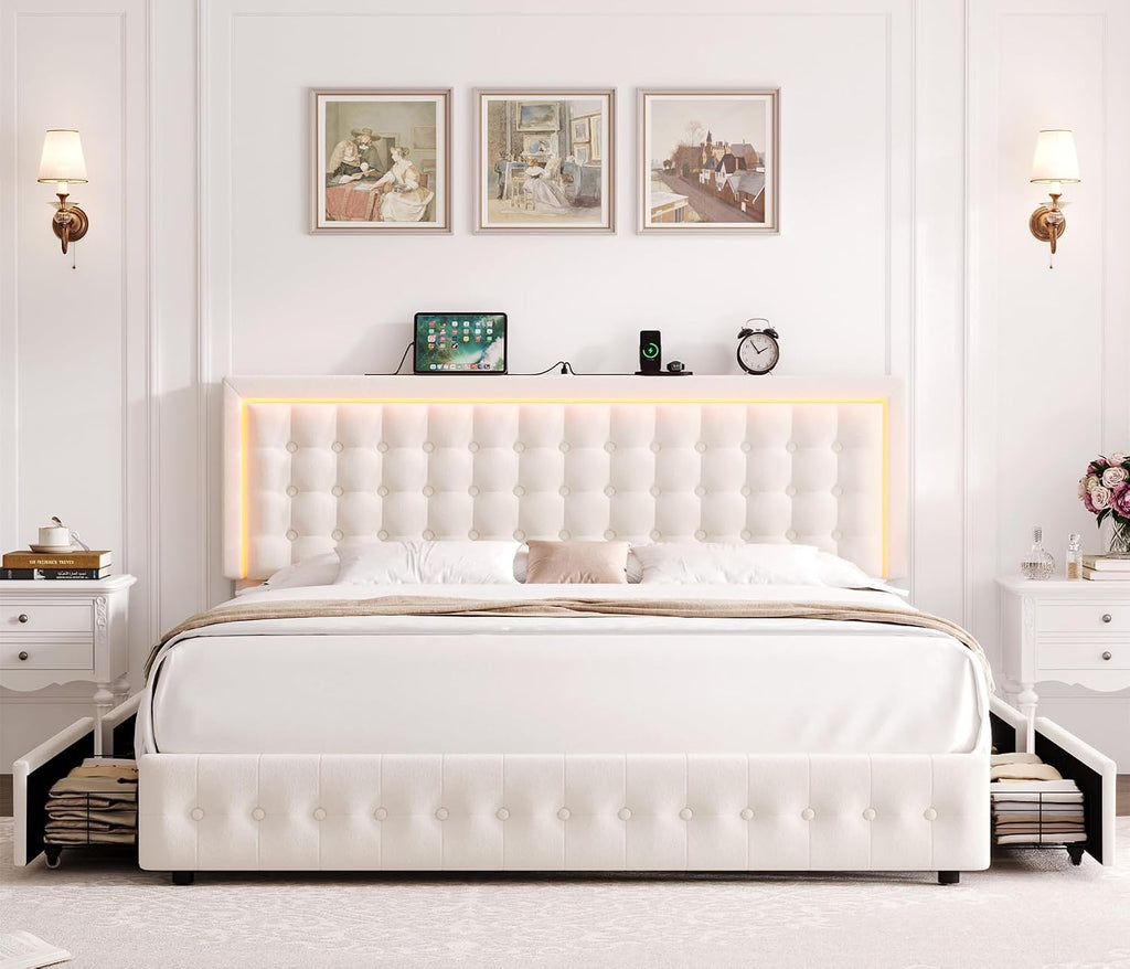 HIFIT Upholstered LED Bed Frame Queen Size with Charging Station and 4 Storage Drawers, Velvet Button Tufted Queen Platform Bed with Adjustable Headboard, No Box Spring Needed, Easy Assembly, Beige