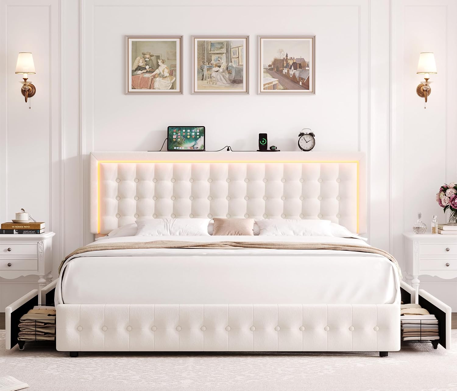 HIFIT Upholstered LED Bed Frame Queen Size with Charging Station and 4 Storage Drawers, Velvet Button Tufted Queen Platform Bed with Adjustable Headboard, No Box Spring Needed, Easy Assembly, Beige