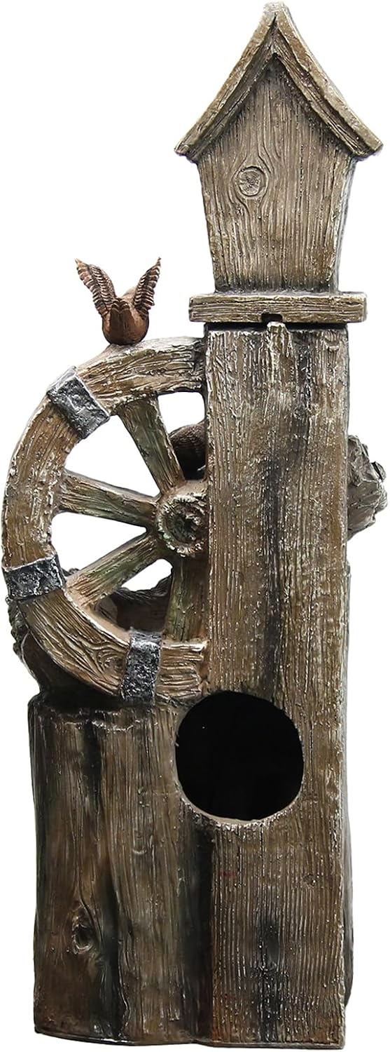 YZM 38.38' H Water Fountain Outdoor Garden 3-Tier Birdhouse Waterfall Fountain with Faucet Tree Trunk Indoor Floor Cascading Water Feature with LED Lights for Patio Yard Home Backyard Decor