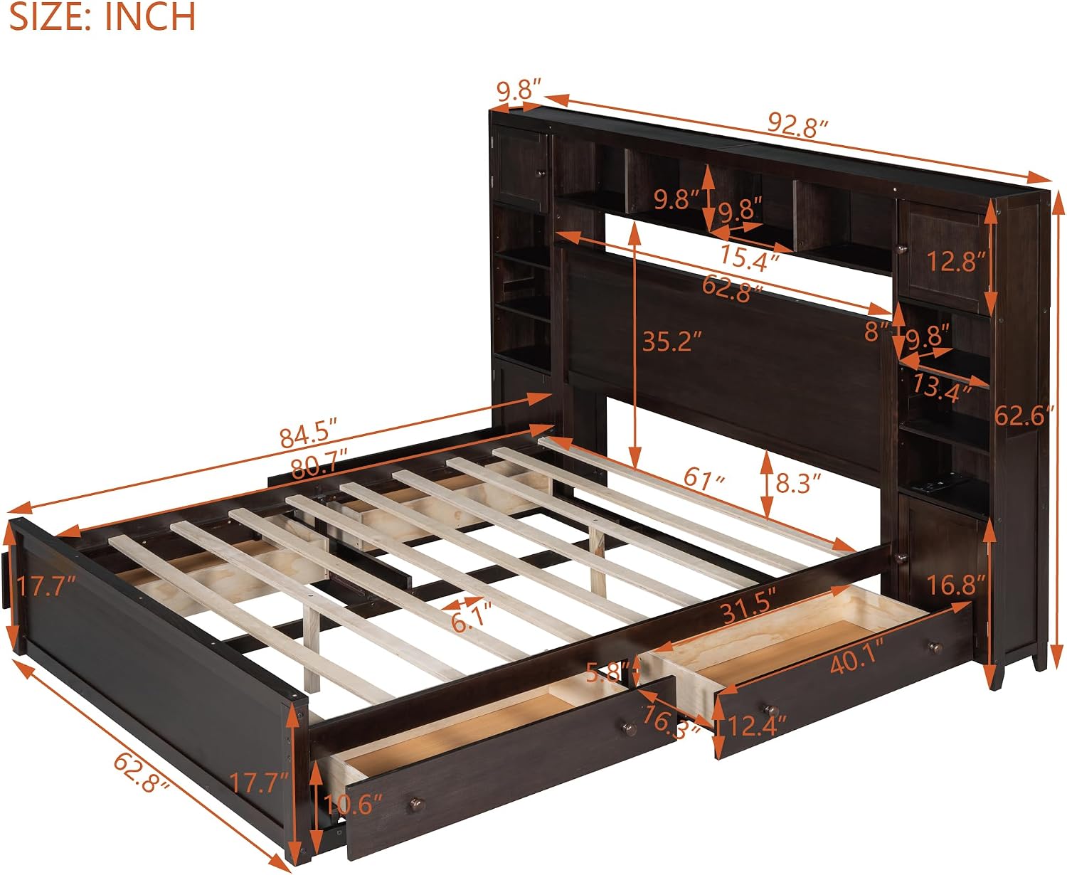Harper & Bright Designs Espresso Queen Size Platform Bed with All-in-One Cabinet, Shelf and Sockets, Wooden Beds with 4 Storage Drawers, Queen Bed Frame for Bed Room, No Box Spring Needed