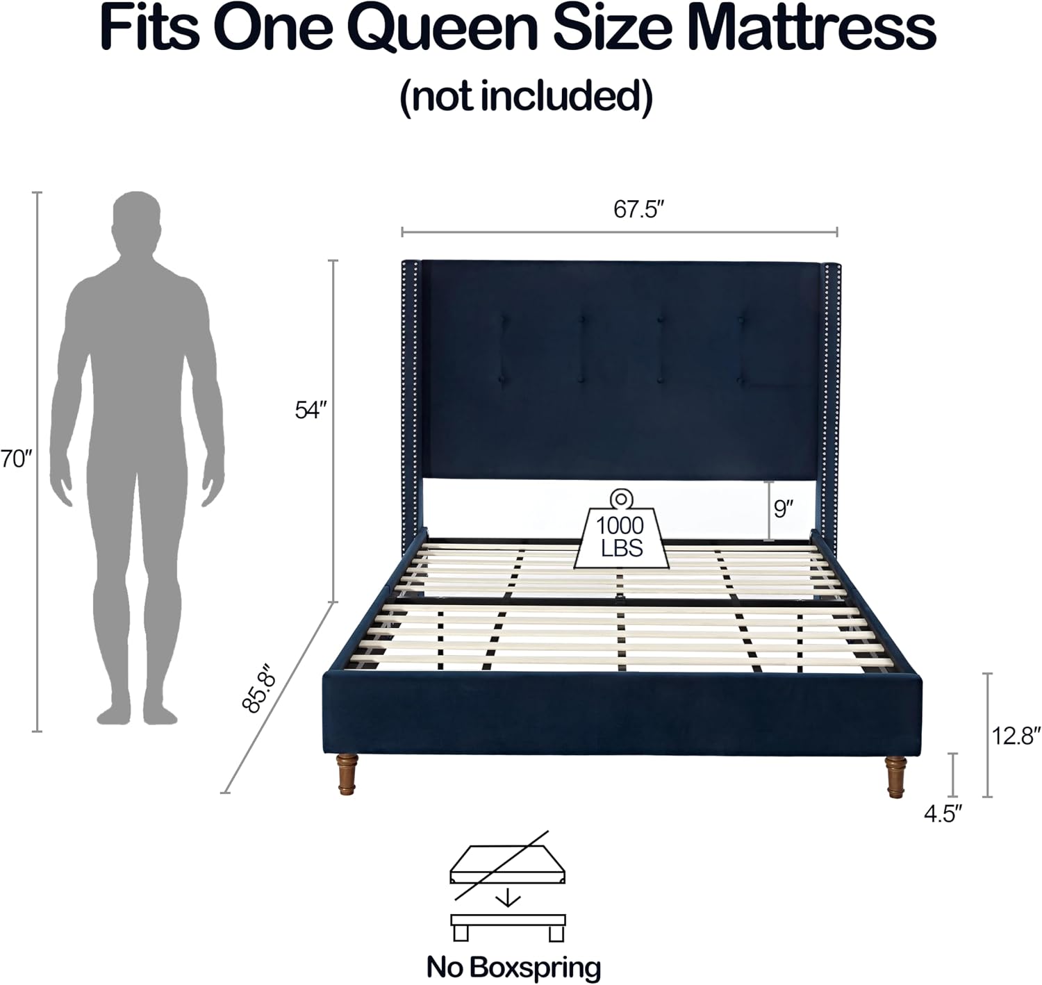 Queen Size Bed Frame,54'High Headboard Button Tufted Nailhead Trimmed Backrest Headboard,Velvet Metal Upholstered Platform Bed Frame,Wooden Slats Provide Strong Support,No Springs Required,Blue