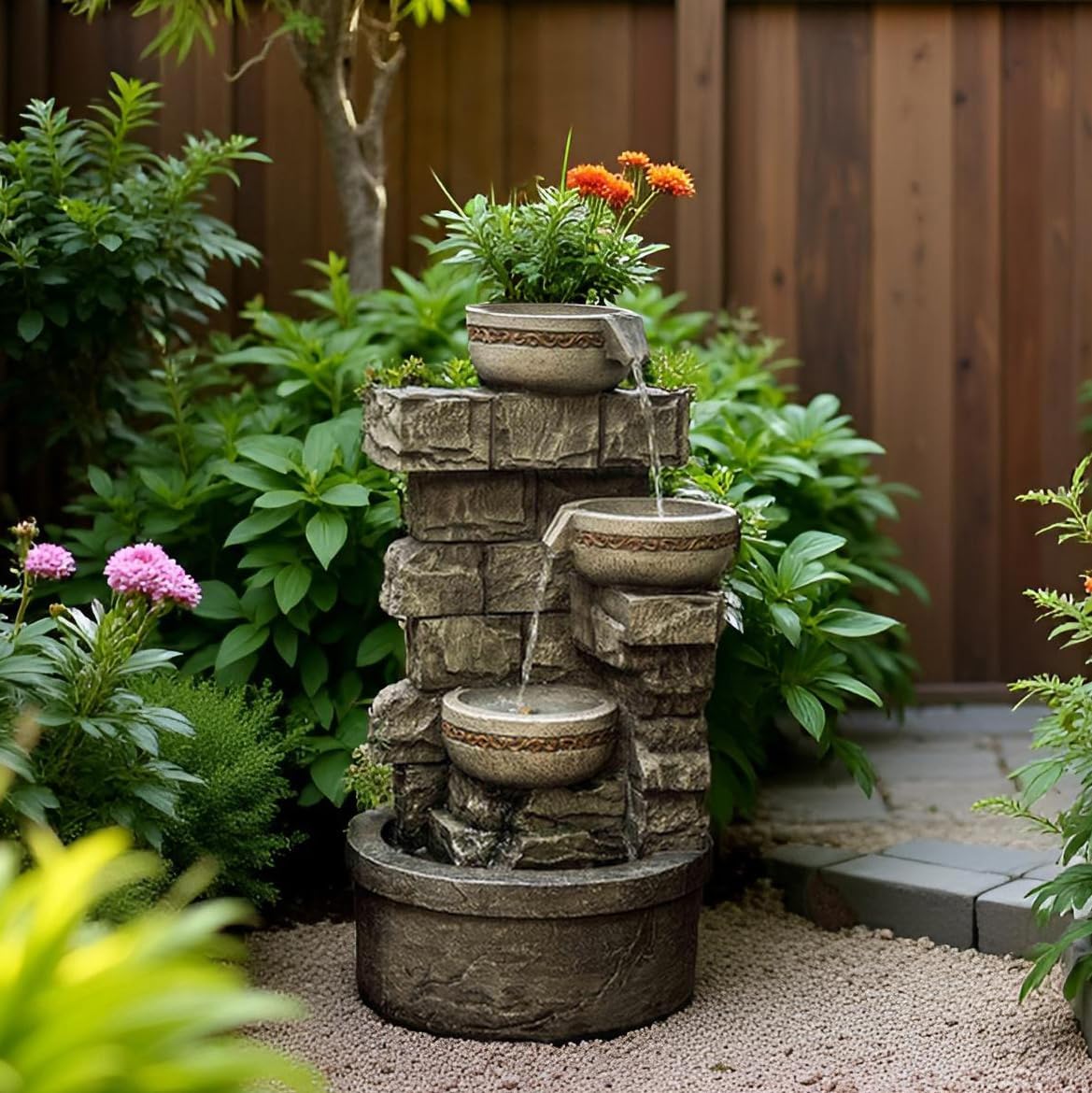 Cheng Pin 3 Tiers Outdoor Water Fountain, 28 Inch Tall Stacked Stones Cascading Bowl Fountain, Relaxing Waterfall Flow Water Feature, Bird Rest Station for Garden, Lawn, Yard Outdoor Decor