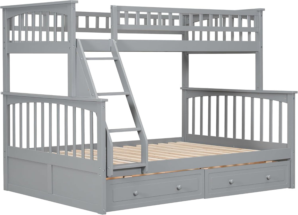 Harper & Bright Designs Convertible Wood Twin Over Full Bunk Bed with 2 Storage Drawers and Ladder - Can Be Divided Into Two Daybeds, Grey