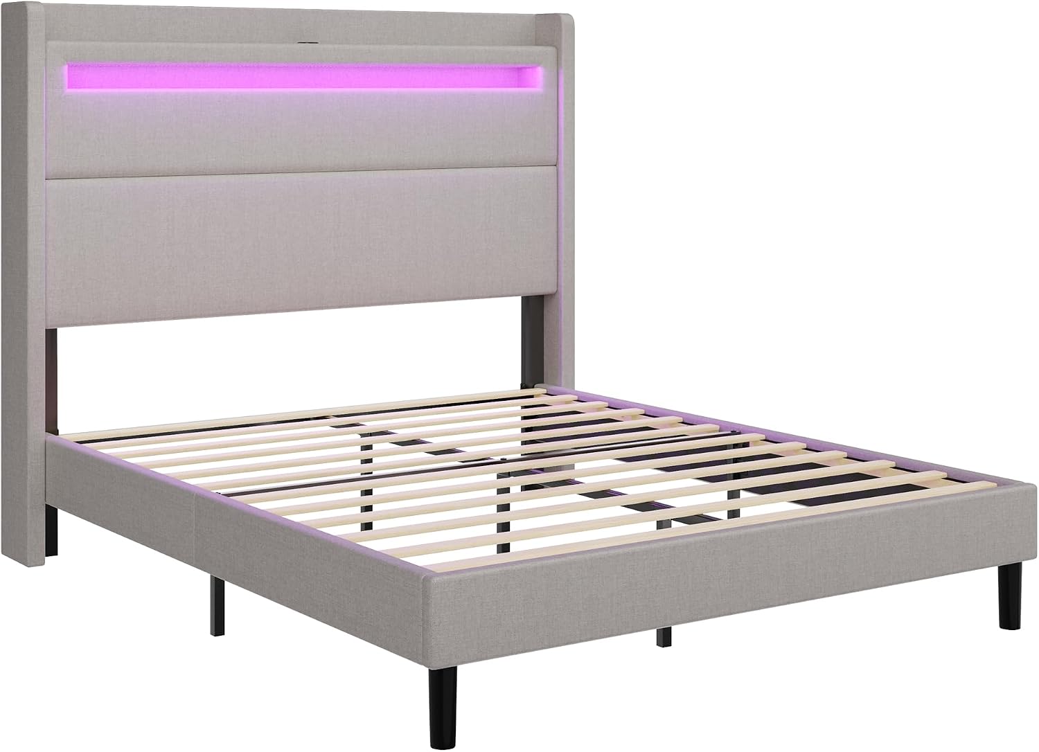 AMERLIFE Queen Bed Frame with LED Light & Wingback Headboard, Upholstered Platform Bed with USB & USB-C Ports, No Box Spring Needed/Noise Free/Light Grey