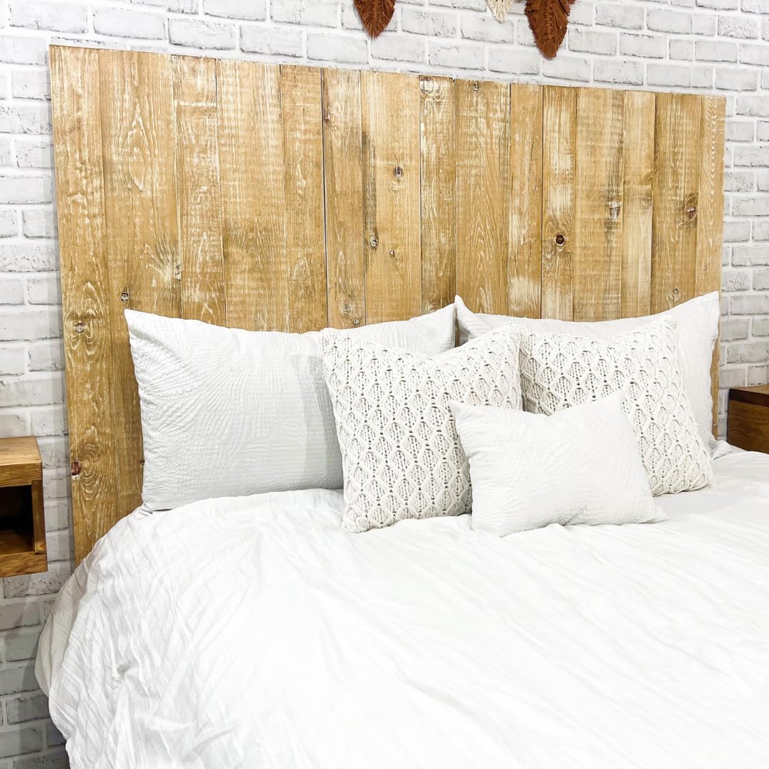 Barn Walls Boho Whitewash Headboard, Bohemian Design, Solid Wood Headboard, Floating Panels, Wall Mount, Adjustable Height, Easy Assembly, Queen Size