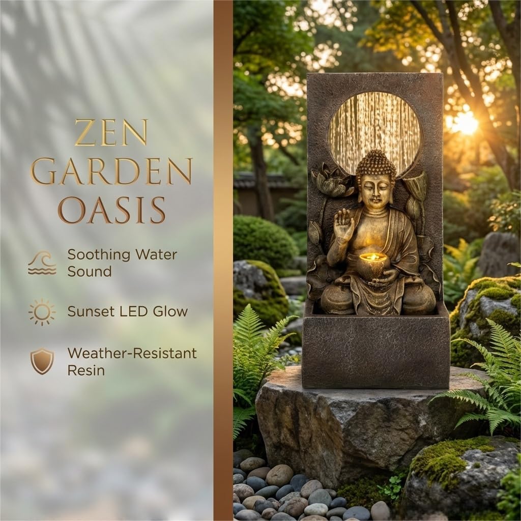 Ferrisland Buddha Waterfall Fountain Outdoor, Freestanding Relaxing Water Fountain, Asian Zen Fengshui Patio Garden Backyard Decking Home Decor, Gift Ideas (Gold, 27.6' H)