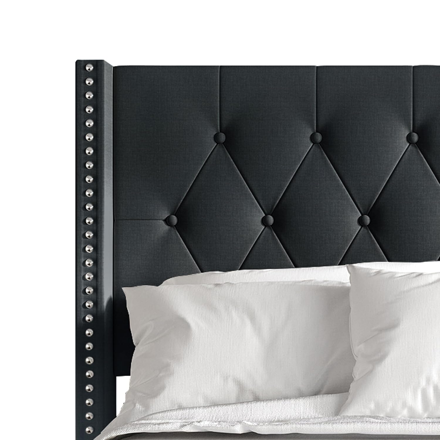 Queen Button Tufted Wingback Linen Upholstered Bed, Charcoal Grey