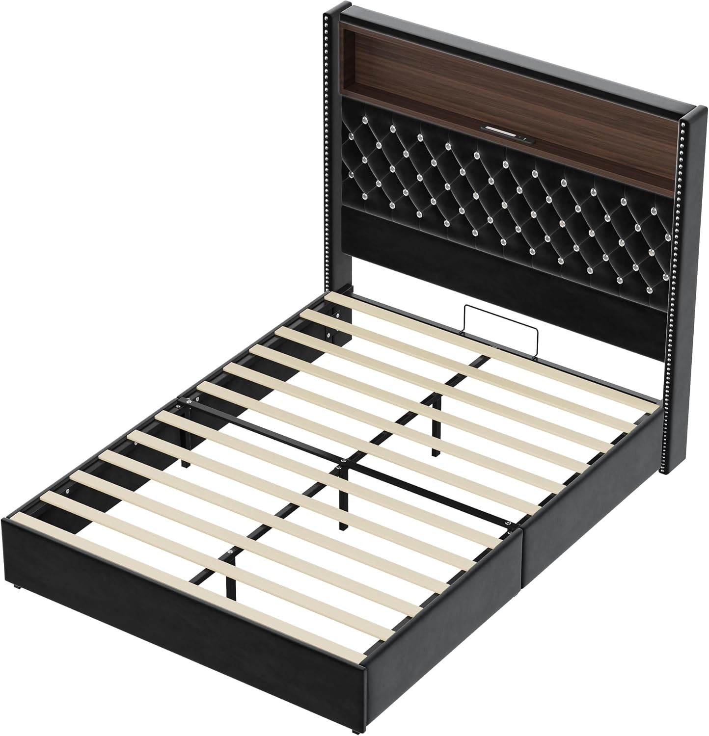 JIVOIT Full Size Bed Frame with Storage, Velvet Tufted Soft Bed Frame with 52'' High Headboard with Rivet Decoration, Wing-Back Platform Bed with Headboard Shelf, No Box Spring Needed (Black,Full,42)