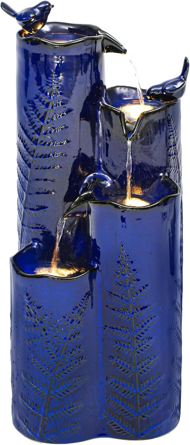 32' H Ceramic Outdoor Water Fountain with LED Lights, 4-Tier Vase Outdoor Fountain, Cobalt Blue Glaze, Embossed Fern Pattern, Cascading Waterfall for Tranquil Garden, Patio, or Porch