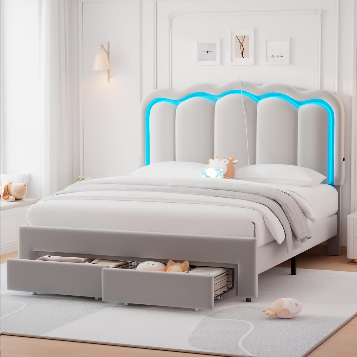 Velvet Upholstered Queen LED Bed Frame with 2 Storage Drawers and Adjustable Chic Double Wavy Headboard, Princess Platform Bed with Charing Station, Solid Wood Slats Support,No Box Spring Needed,Grey