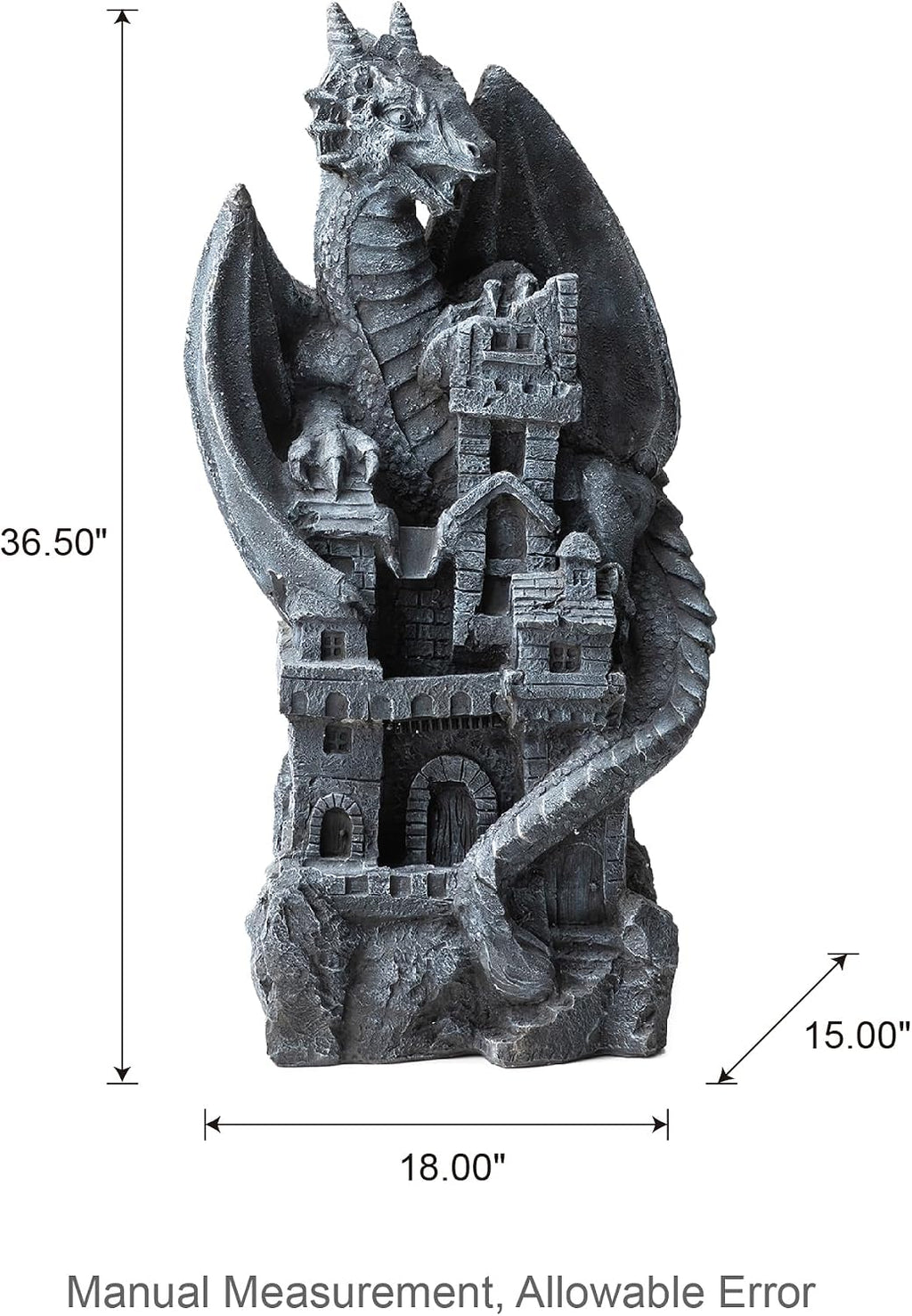 Glitzhome 37'H 4 Tiers Resin Waterfalls Water Fountain, Mystical Gothic Dragon Perched Atop The Castle Sculptural with Pump & LED Light Indoor Outdoor Floor Fountain for Garden Patio Backyard Decking