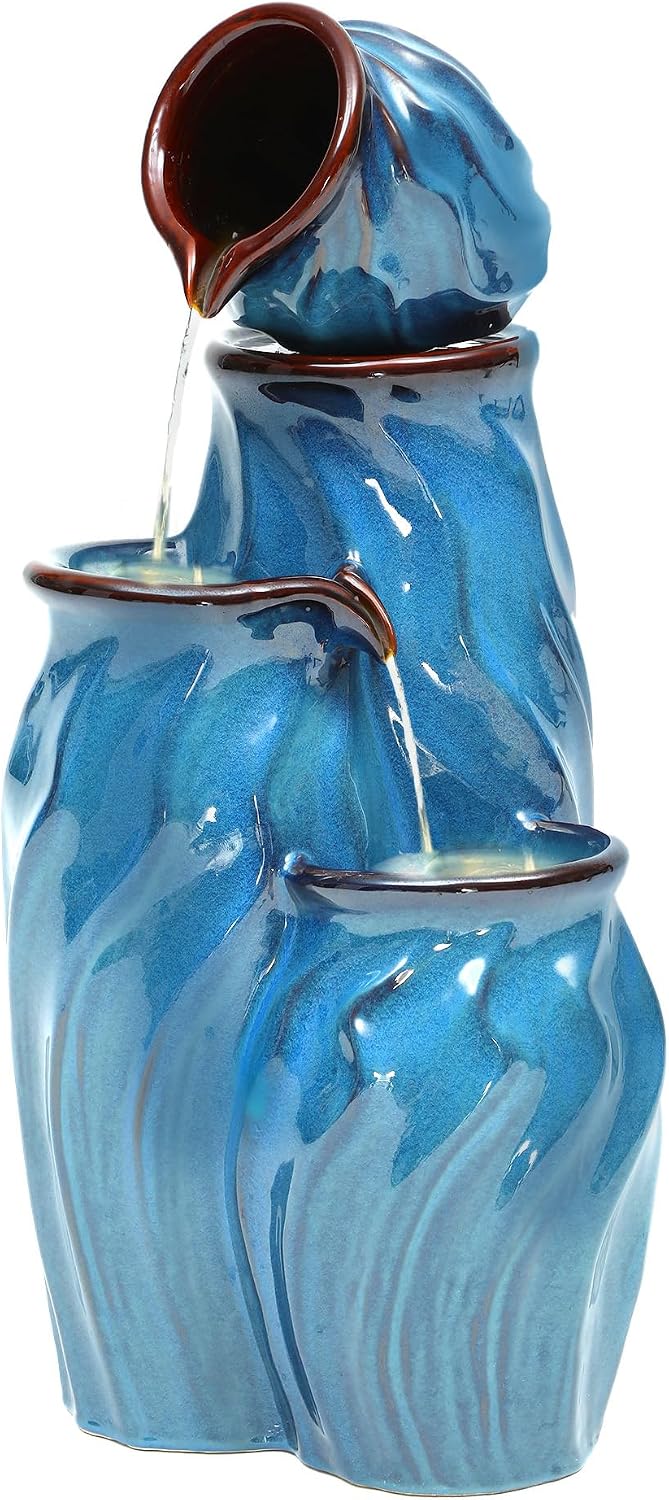 29' Outdoor Water Fountain, Ceramic Outdoor Fountain, Stacked 4-Tier Pots Waterfalls for Garden, Patio, Yard, or Porch Decor, Creating Relaxing Serene Oasis, Dynamic Wave-Texture, Turquoise