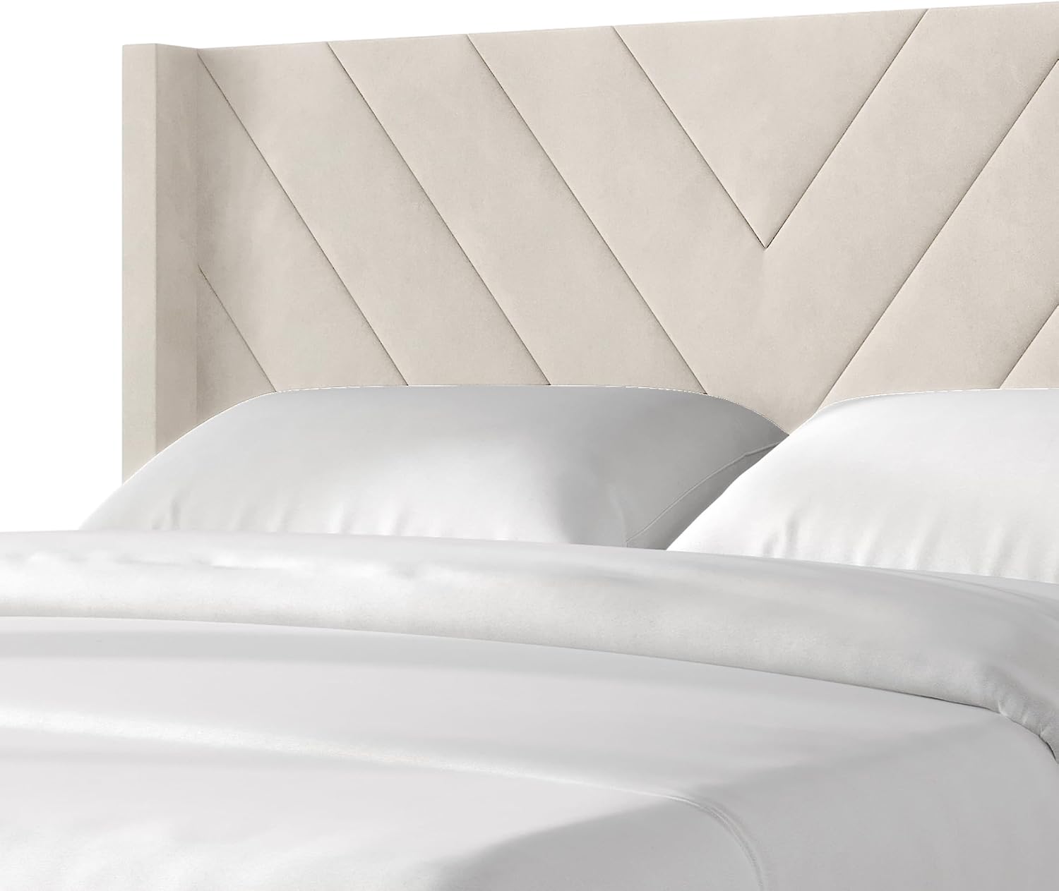 Queen Platform Bed Frame with Chevron-Stitched Wingback Headboard, Velvet Upholstery, No Box Spring Needed, Easy Assembly, Beige