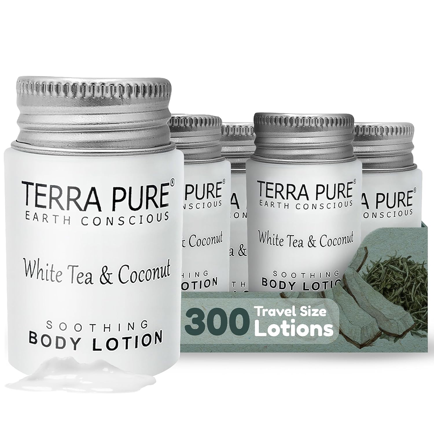Travel Size Hotel Body Lotion 300 Count 1 oz Bottles Guest Amenities for Hotels Vacation Rentals & Short Term Rentals Paraben Free White Tea & Coconut Scent Infused with Aloe & Olive Oil | Terra Pure