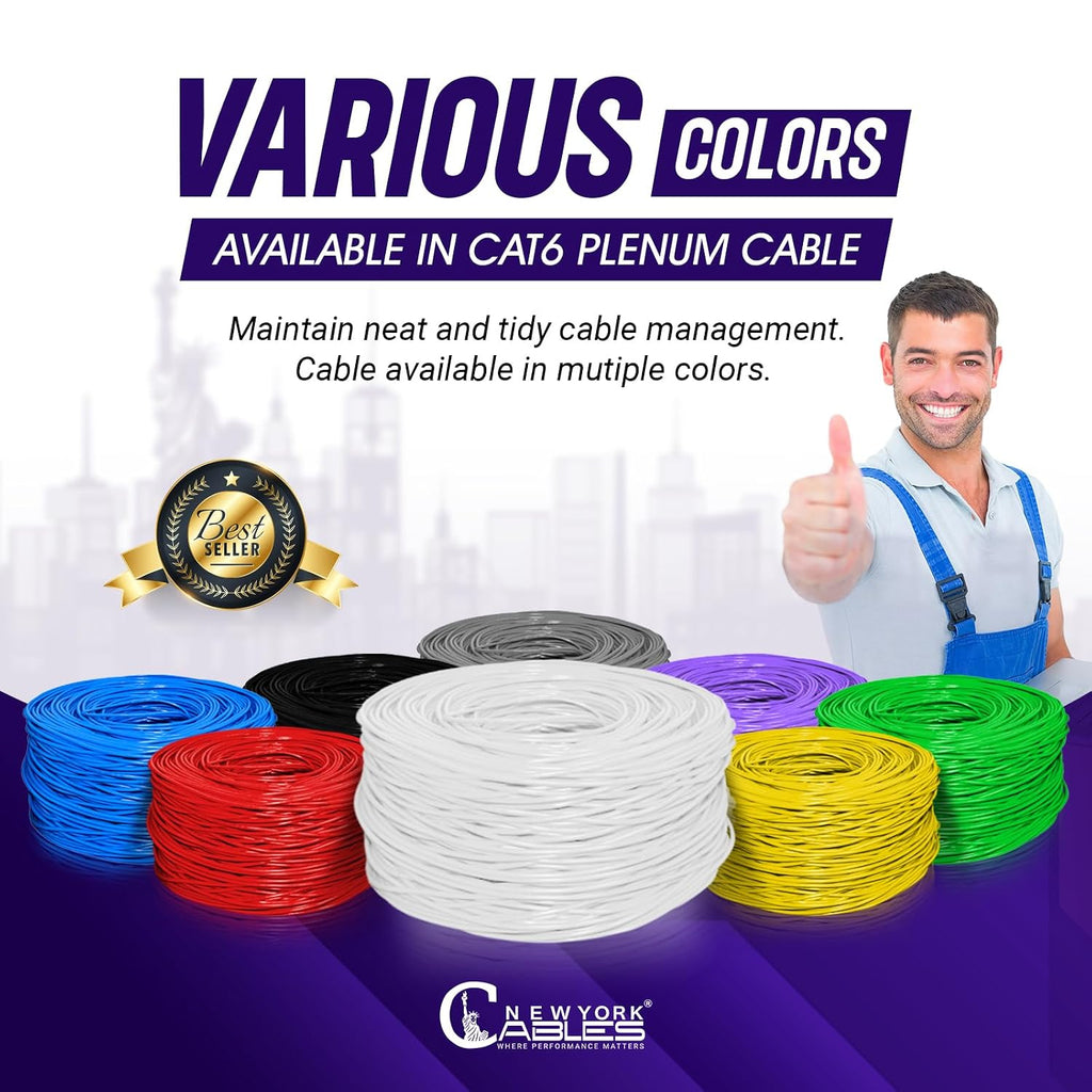 Newyork Cables | CAT6 Plenum Cable 1000ft | 23AWG, UTP 4Pairs, 550MHz 10Gbps Most Certified (CMP) Rated | Fire-Resistant Jacket | Bulk Cat 6 Ethernet Cable for Networking (Solid Conductor, White)