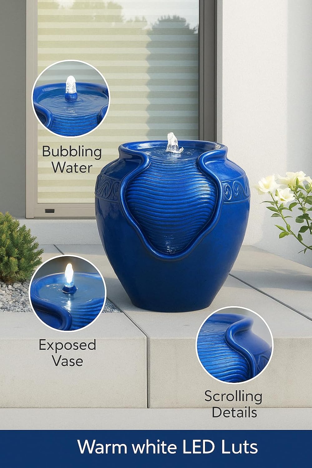 Teamson Home Outdoor Water Fountain, Glazed Pot Ceramic Look with LED Lights & Pump, Royal Blue, 16.93' Patio Garden Water Feature, Cascading Zen Fountain for Backyard, Porch, Deck, Home Decor
