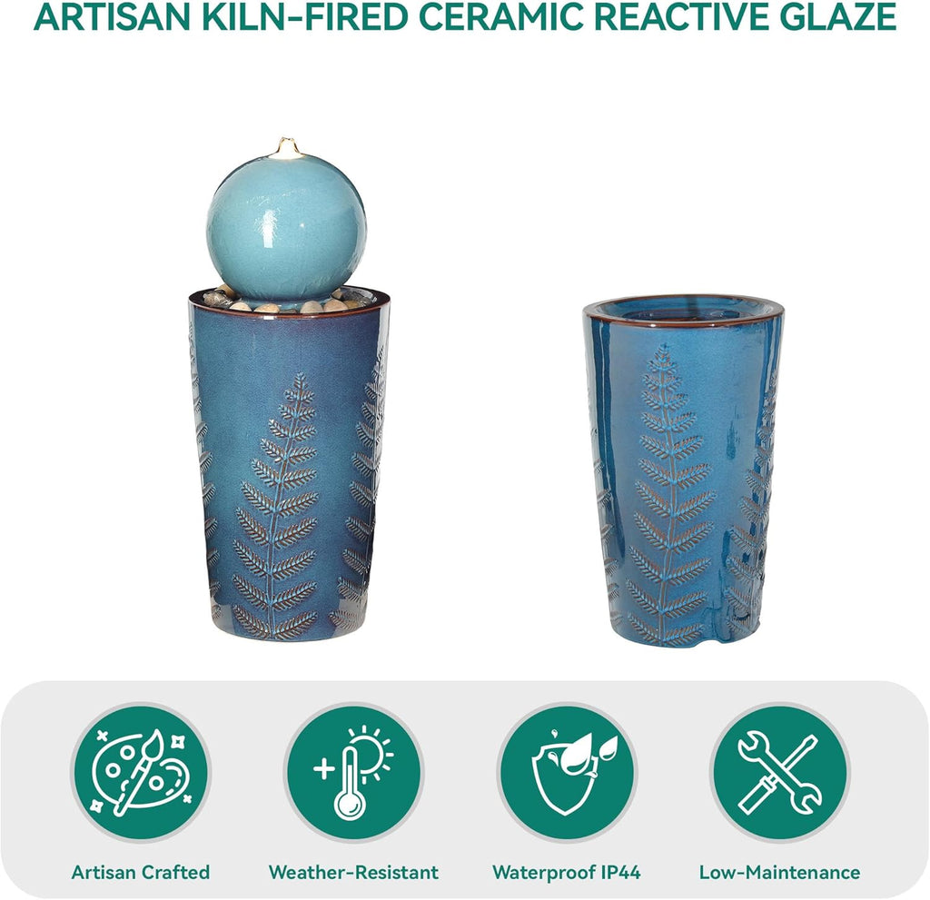 29.5' H Ceramic Sphere Water Fountain with LED Lights, Modern Nature-Inspired Design, Teal Blue Glaze with Leaf Patterns & Pebbles, Soothing Trickling Water Feature for Patio, Yard and Garden