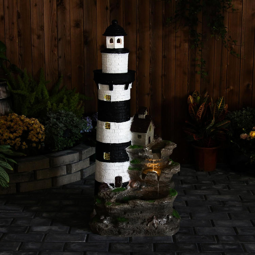 YZM 38.58' H Lighthouse Floor Waterfall Fountain with LED Lights 3-Tiered Rock Water Fountain Outdoor Garden for Patio Backyard Home Decor