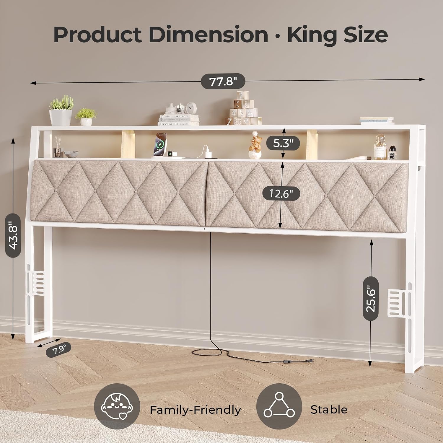 King Headboard Only, Headboard for King Size Bed with Storage, Upholstered Headboards with LED Lights & Charging Station, Attach Frame, Ideal for Bedroom/Dorm/Guest Room, White & Beige